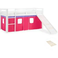 Homestyle4u Hochbett 90 x 200 cm Kiefer massiv lackiert weiß mit Vorhang pink