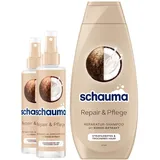 Schauma Sprühpflege Repair & Pflege (2x200 ml) Hitzeschutz für regeneriertes Haar & Reparatur-Shampoo Repair & Pflege (400 ml) glättet & repariert, mit Kokos-Extrakt