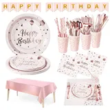 DN DENNOV 162 Stück rosa und roségoldenes Geschirrset Set mit Pappteller, Becher, Strohhalme, Messer, Gabel, Löffel, Tischdecke und Banner für Brautdusche, Verlobung, Hochzeit und Geburtstag(20 Gäste)