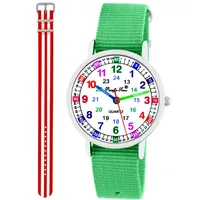 Pacific Time Kinder Armbanduhr Mädchen Jungen Lernuhr Kinderuhr Set 2 Textil Armband grün + rot-Weiss analog Quarz 11115
