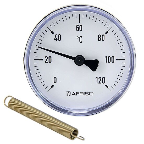 Bimetall-Anlegethermometer - Ø 63 mm - Anzeige 0 bis 120 °C - mit Montagefeder für Rohre von 3/8'' bis 1 1/2