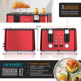 Arendo Toaster 4 kurze Schlitze, für 4 Scheiben, 1750 W, Toaster, Rot