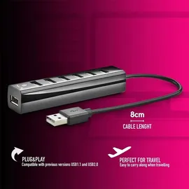 ngs IHUB7 Tiny USB 2.0 Hub 7 Ports mit Power Adapter 5V/1A, universell kompatibel, Plug and Play