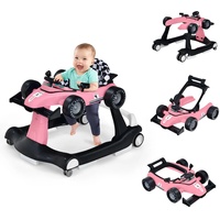 COSTWAY 4 in 1 Lauflernwagen, Lauflernhilfe klappbar mit einstellbarer Höhe & Geschwindigkeit, Baby Walker Autoförmig mit Musikbox, Licht, Anti-Rutsch-Pads & Rädern, Gehfrei Baby ab 6 Monaten (Pink)