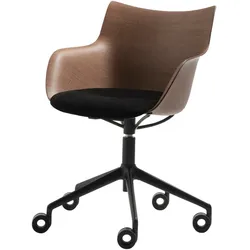 Kartell - Q/Wood Stuhl mit Rollen und Sitzpolster, schwarz / Buche dunkel