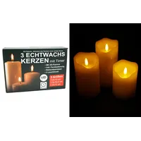 Stern Fabrik LED-Kerzen Echtwachs Kerzenset 3-teilig mit Timer + Fernbedienung flammenlos, flackernd