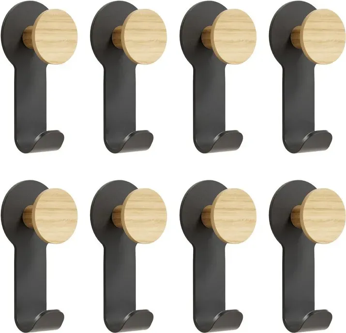KAPANOU Doppelhaken-Wandmontage-Set mit 8 Vintage-Braun aus Gummiholz, stabiler schwarzer Metallbügel, für Jacken, Handtücher oder Hüte, dekorative Haken für Badezimmer, Schlafzimmer, Eingangsbereich, Neu Jahresverkauf, Top-Geschenkideen