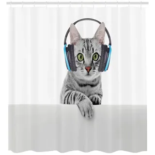Abakuhaus Duschvorhang Moderner Digitaldruck mit 12 Haken auf Stoff Wasser Resistent Breite 175 cm, Höhe 180 cm, Katze Tier Musik hören grau 175 cm x 180 cm