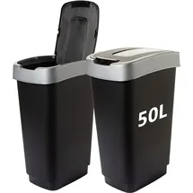 2friends 2er Set Mülleimer 50 Liter Abfalleimer mit Schwingdeckel Kunststoff schwarz/Silber - Schwarz/Silber