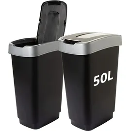 2friends 2er Set Mülleimer 50 Liter Abfalleimer mit Schwingdeckel Kunststoff schwarz/Silber - Schwarz/Silber