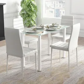 Homcom 5-tlg. Essgruppe, Esstisch mit 4 Stühlen, Küchentisch mit Hartglasplatte, Esszimmergruppe, Esszimmermöbel, Esstisch Set für Küche, Weiß