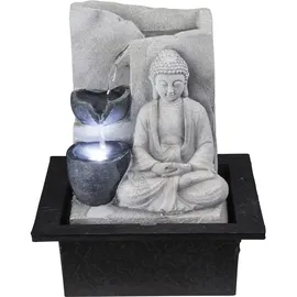 GLOBO Tischbrunnen mit Pumpe Springbrunnen mit LED Beleuchtung Buddha Design Zimmerbrunnen grau Dekoration, LxBxH 21x18,5x25,5 cm