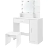 ML-Design Schminktisch Weiß mit Hocker, LED-Beleuchtung, Spiegel, Schublade, 3 Fächer, 90x38x137 cm, Schlafzimmer, Schminktische