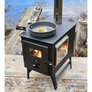 3-Scheiben-Gartenofen Hugo mit Herdplatte, Zeltofen, Terrassenofen, Camping - Schwarz