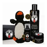 CrazyDogPaul Tiershampoo Geschenk für Hunde - Fellpflege Geschenkbox mit Hundespielzeug-Pinguin, (1 x Hundeshampoo, 1 x Fellpflegespray, 1 x Pfotenbalsam, 1 x Spielzeug, 1-St)