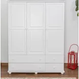 Kleiderschrank | 3 Drehtüren | 4 Schubladen | 4 Fächer | mit Kleiderstange | 155 cm breit | Massivholz | Farbe: Weiß - Weiß