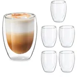 Relaxdays Latte Macchiato Gläser, 6er Set, doppelwandiges Glas, 350 ml, spülmaschinenfest, Kaffeegläser, transparent