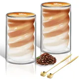 Latte Macchiato Gläser Doppelwandig 400ml Cappuccino Kaffeegläser Set Tassen Glas aus Borosilikatglas Thermogläser Eiskaffee mit 2 Löffel