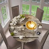 Morbuy Rund Tischdecke Elastisch, Kaffee Drucken Rund Tischdecken Wasserdicht Lotuseffekt Abwaschbar Abwischbar Tischtuch für Dekoration Küchentisch Garten Outdoor (Durchmesser 110cm,Weiße Blume)