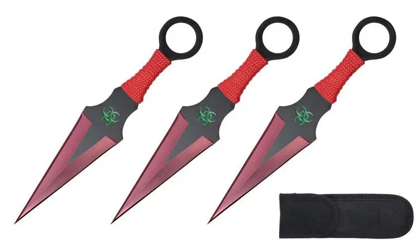 Kunai 3er Set Wurfmesser rot mit Nylon Scheide