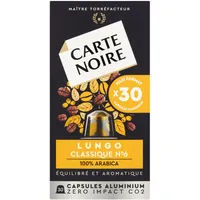 Carte Noire, Espresso-Lungo, Nespresso kompatible Aluminiumkapseln, 1 Pack mit 30 Kaffeekapseln, 100% Arabica, geröstete und nussige Noten, Intensität 8/10, reichhaltige Textur, Kaffeekapseln für einen hohen Kaffee