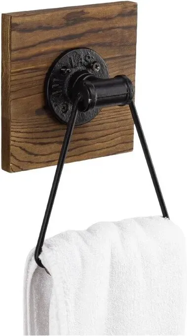 MyGift Industrieller Metall-Handtuchhalter mit rustikaler massiver verbrannter Holzrückwand, Matt-Schwarz Handtuchring für Badezimmer, Küche, Waschküche 14 x 22 cm