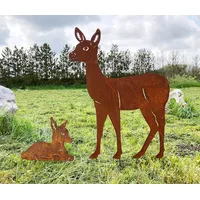 Steinfigurenwelt Gießen 2er Set stehendes Reh mit Rehkitz Gartenstecker Edelrost Rost Metall Rostfigur - 62 cm X 80 cm