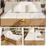 Outdoor Gartenliege Doppelbett Rattan Liegeinsel Rattan Sofa Wetterfest Klappbar mit Weißen Kissen Gartenmöbel für Lounge Balkon und Garten - Weiß