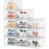 HOMIDEC Schuhboxen Stapelbar Transparent, 12 Stück Hartplastik Schuhkarton mit Deckel, Schuhaufbewahrung für Stöckelschuhe, Stiefeletten, Pumps, High Tops, für Größe 46, Transparent