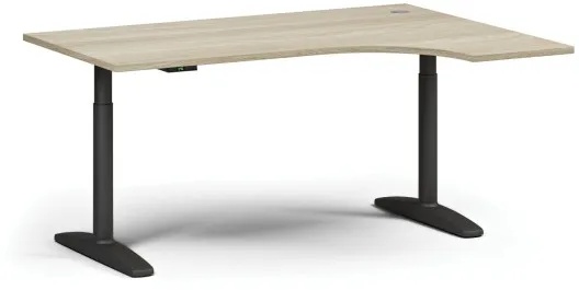Höhenverstellbarer Schreibtisch OBOL, elektrisch, 675-1325 mm, Ecke rechts, Tischplatte 1600x1200 mm, schwarzes abgerundetes Untergestell, Eiche natur