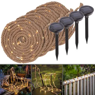 Lunartec Solar-Seil-Lichterkette aus Naturfasern mit 60 eingearbeiteten LEDs