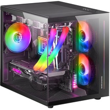 Mars Gaming MC-View Schwarz, Micro-ATX Mini Gaming Tower Gehäuse, 90° Gehärtetes Glas ohne Rahmen, Modulares Doppelkammer-Design, Volle Unterstützung für Flüssigkeitskühlung