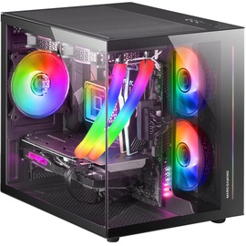 Mars Gaming MC-View Schwarz, Micro-ATX Mini Gaming Tower Gehäuse, 90° Gehärtetes Glas ohne Rahmen, Modulares Doppelkammer-Design, Volle Unterstützung für Flüssigkeitskühlung