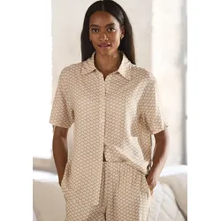 Pyjamaoberteil LASCANA, Damen, Gr. 34, beige (beige, weiß gemustert), Web, Obermaterial: 100% Viskose, gemustert, klassisch, bequem, Kurzarm, Shirts, Mit edlem Allover-Druck