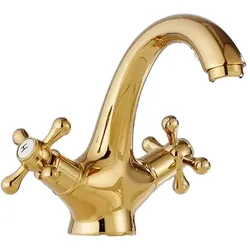 KLARWERK EVA | Vintage Wasserhahn Bad Gold glänzend Bad Armatur | Retro Premium Edelstahl Armatur für Waschbecken | Hotel Gastro Mischbatterie 2 Anschlüsse