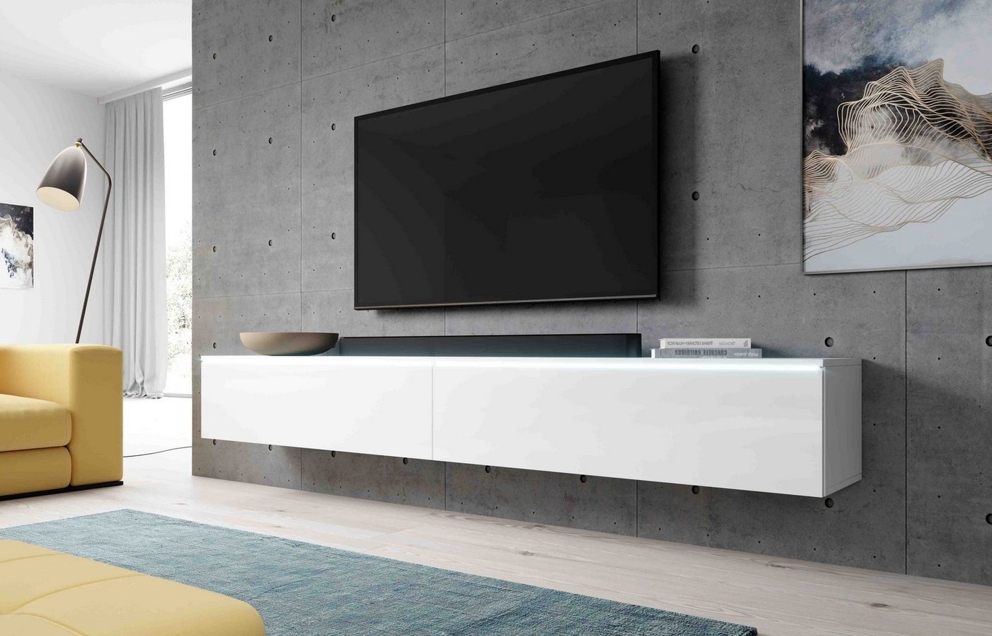 Furnix Lowboard Tatia TV-Schrank Fernsehschrank 200 cm (2x100cm) mit LED, B200 x H34 x T32 cm weiß