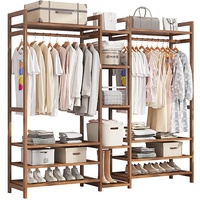 Garderobenständer aus Bambus, Kleiderständer, Kleiderstange, multifunktional, offener Kleiderschrank, Schlafzimmer, Garderobe, Kleiderständer mit 4 Regalen, 1 Kleiderstange, 170 x 30 x 150 c