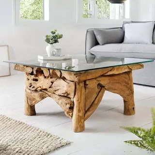 LEBENSwohnART Handgefertigter Teak Couchtisch Seaside 80x80cm Unikat Wohnzimmertisch Sofatisch Glastisch Tisch