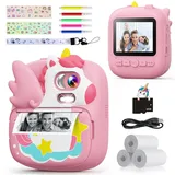 CAMCLID Kinderkamera Sofortbildkamera, 2,4 Zoll Sofortbildkamera Kinder mit 32G TF Karte und Fotopapier Drucken, 1080P HD Digitalkamera Kinder, Geschenke für Jungen und Mädchen 3-12 Jahre(Rosa)