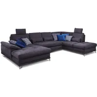 Cavadore Wohnlandschaft Castiel mit Federkern / Großes Schlafsofa in U-Form mit Bett, Sitztiefenverstellung und Kopfstützen / 368 x 114 x 232 / Webstoff, Dunkelblau