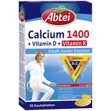 Abtei Calcium 1400 + D + K - hochdosiert - Mit Vitamin D und Vitamin K - Zum Erhalt gesunder Knochen und Muskelfuktion - Orangengeschmack, 30 Kautabletten