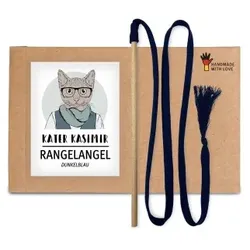 Kater Kasimir RANGELANGEL - Die natürliche Spielangel für Katzen aus Buchenholz mit Baumwollband (dunkelblau)