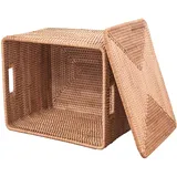 FIYAMMY Rattankorb mit Deckel, großer Korb mit Deckel zur Aufbewahrung, quadratische Rattan-Box (48 cm L x 40 cm B x 29 cm H)