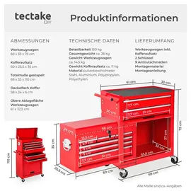Tectake tectake® Werkzeugwagen, 8 kugelgelagerte Schubladen mit Antirutschmatten, großes Klappfach, mobiler Kofferaufsatz mit zentraler Sicherheitsverriegelung, Rollen Ø 100 mm