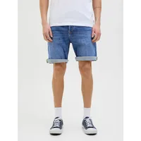 JACK & JONES "JJIORIGINAL mit stylischem Aufschlag und Knopf", Herren, Gr. L, N-Gr, blau denim pack:am 365, Web, Obermaterial: 98% Baumwolle, 2% Elasthan, unifarben, regular fit kniefrei, Hosen Shorts, mit stylischem Aufschlag