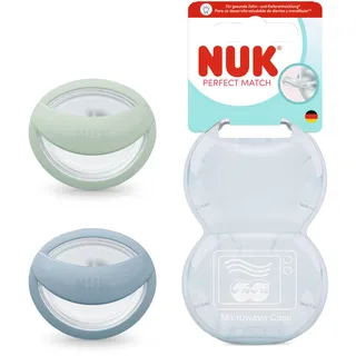 NUK Perfect Match Schnuller 2 Stück, 0-6 Monate, stillfreundlicher Schnuller, kiefergerechte Schnuller, 95% Baby Akzeptanz, Grün/Blau