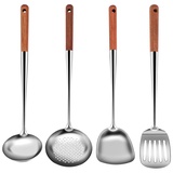 4 Stück Küchenhelfer Set Edelstahl,Wok Zubehör mit Holzgriff,Langer Wok Pfannenwender Edelstahl,Wok Wender Set,Schöpfkelle Edelstahl,Wok Kelle Set,Kochen Werkzeuge Utensilien Set