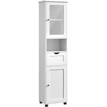 VASAGLE Badezimmerschrank, Badschrank, Hochschrank, offenes Fach, Glastür, schmal, Badezimmermöbel, Badmöbel mit Füßen, höhenverstellbare Ablagen, platzsparend, wolkenweiß BBK163W01