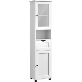 VASAGLE Badezimmerschrank, Badschrank, Hochschrank, offenes Fach, Glastür, schmal, Badezimmermöbel, Badmöbel mit Füßen, höhenverstellbare Ablagen, platzsparend, wolkenweiß BBK163W01