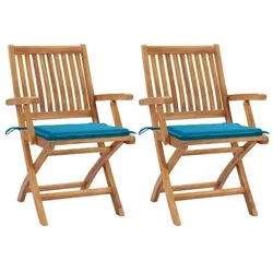 vidaXL Gartenstühle 2 Stk. mit Blauen Kissen Teak Massivholz